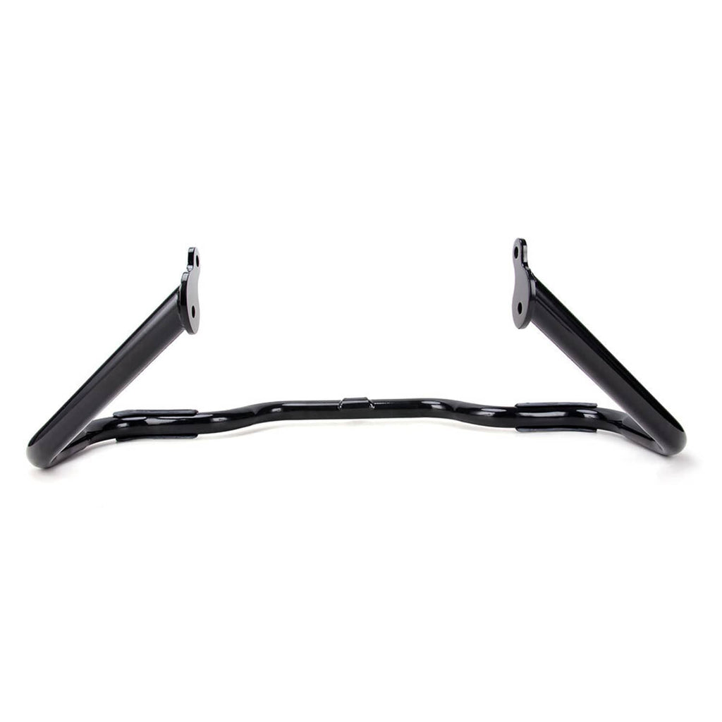 Engine crash guard bar underside view with metal brackets and mounting hardware tabs