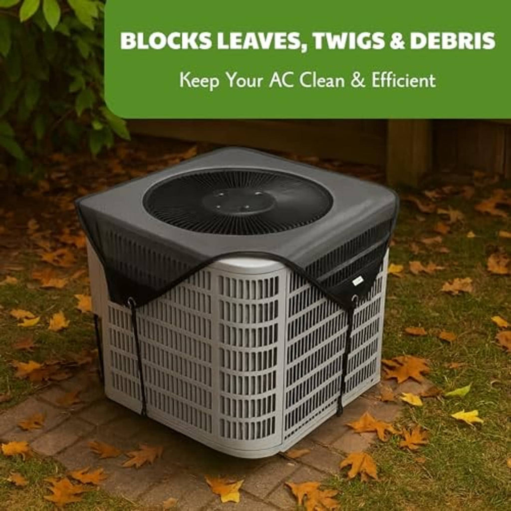Outdoor AC unit cover over an outdoor condenser on a patio with leaves