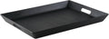 Non-skid black serving tray with raised sides and carry handle cutout, rectangular