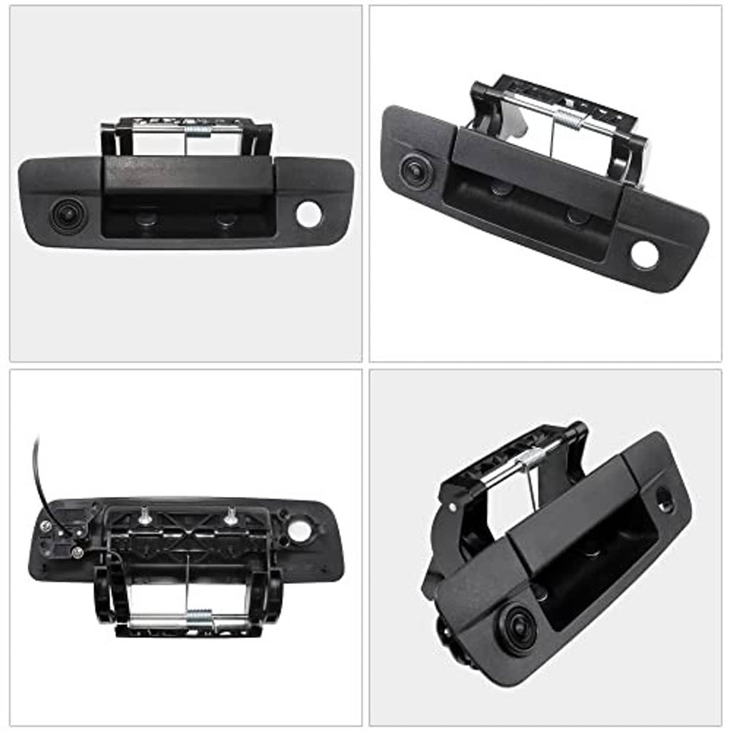 Tailgate handle backup camera assembly from multiple angles, including lens and bracket