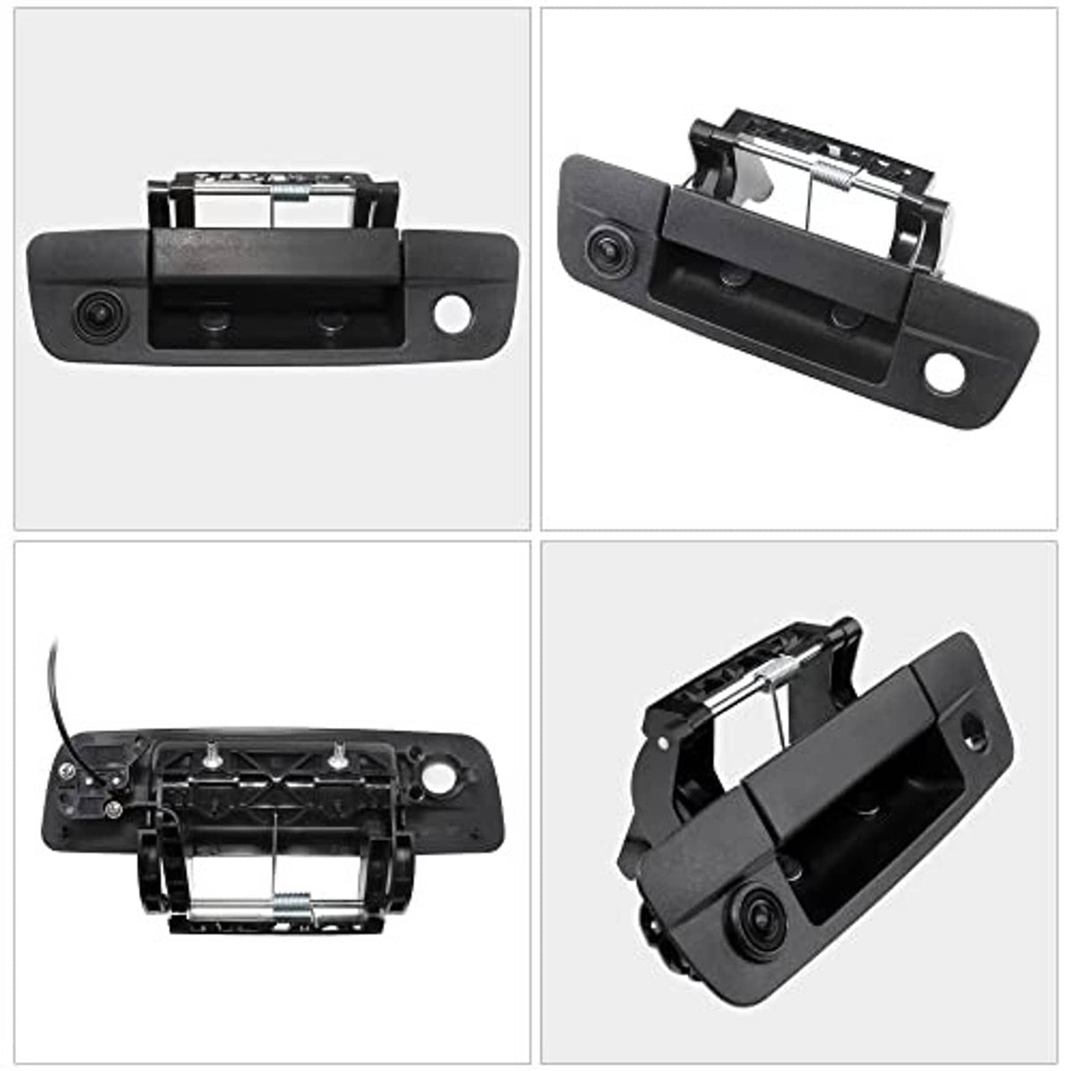 Tailgate handle backup camera assembly from multiple angles, including lens and bracket