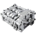 Shaft balance oil pump assembly with silver aluminum housing, mounting bolts, and ports