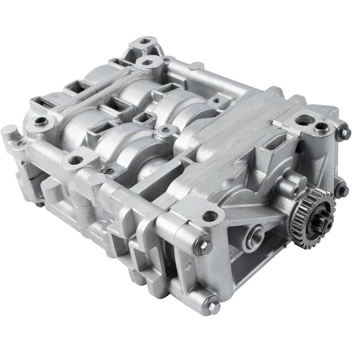 Shaft balance oil pump assembly with silver aluminum housing, mounting bolts, and ports