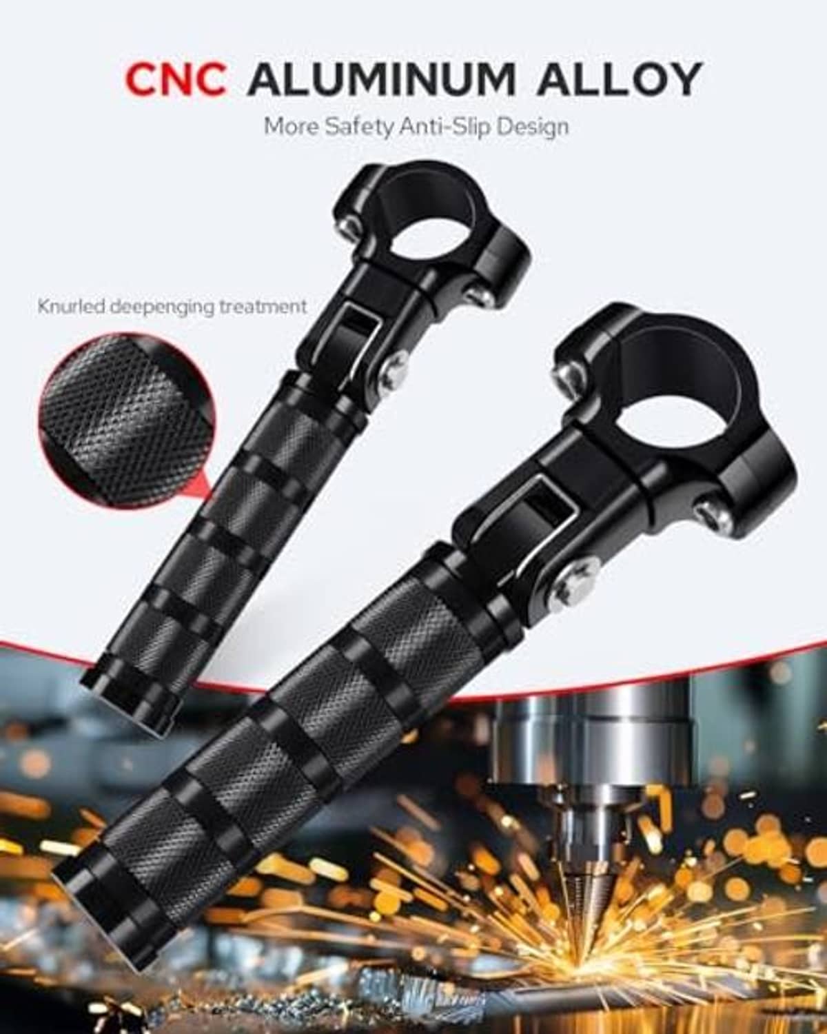 Black CNC-style motorcycle foot pegs with textured knurling and clamp mounting hardware