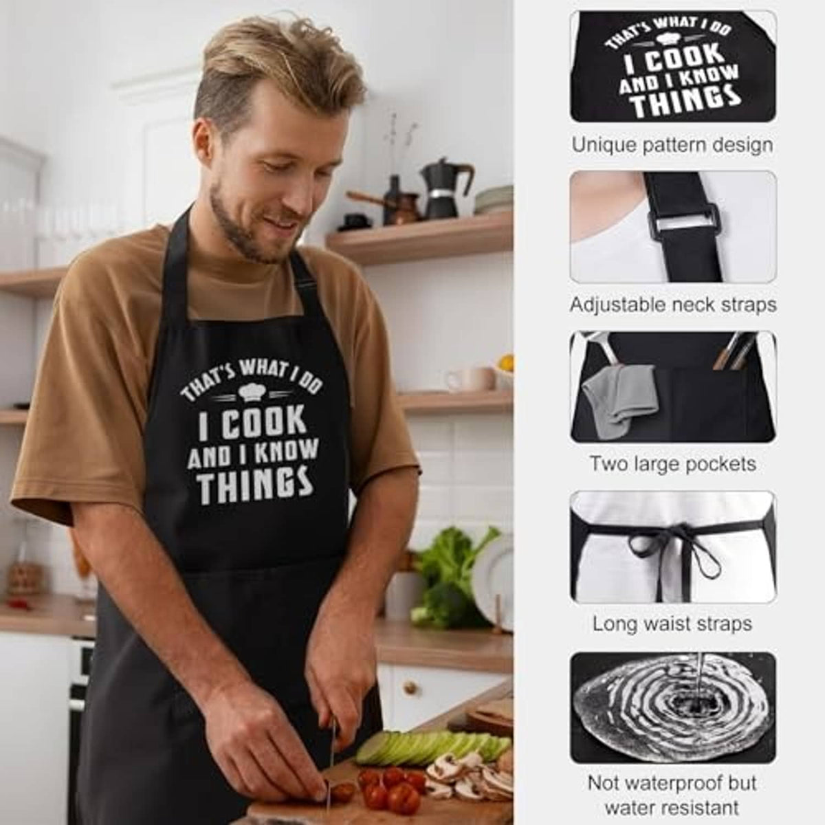 Black apron with “I cook and I know things” slogan, adjustable straps and large pockets