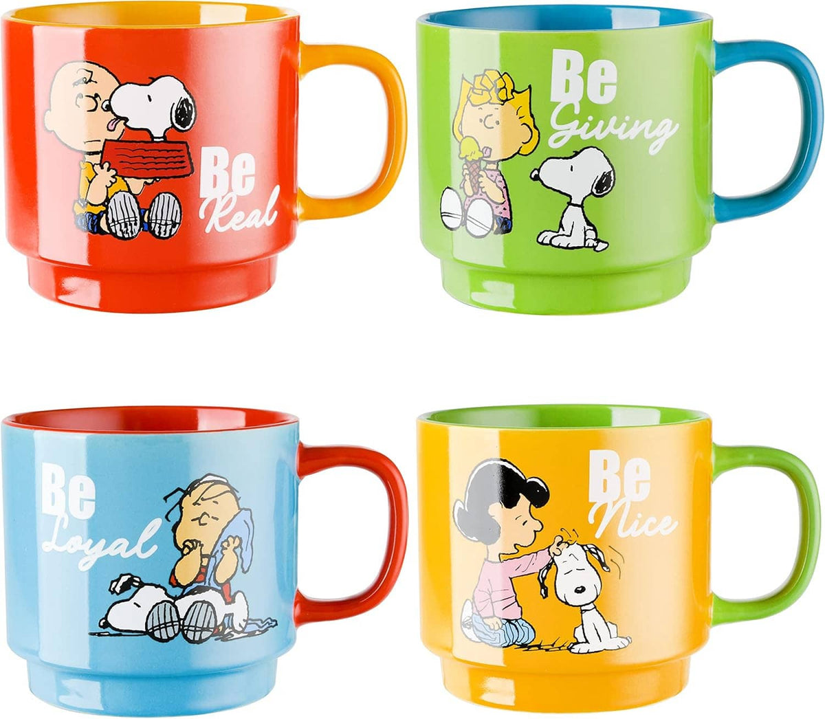 Set of four Snoopy stoneware mugs in orange, green, light blue, and yellow.