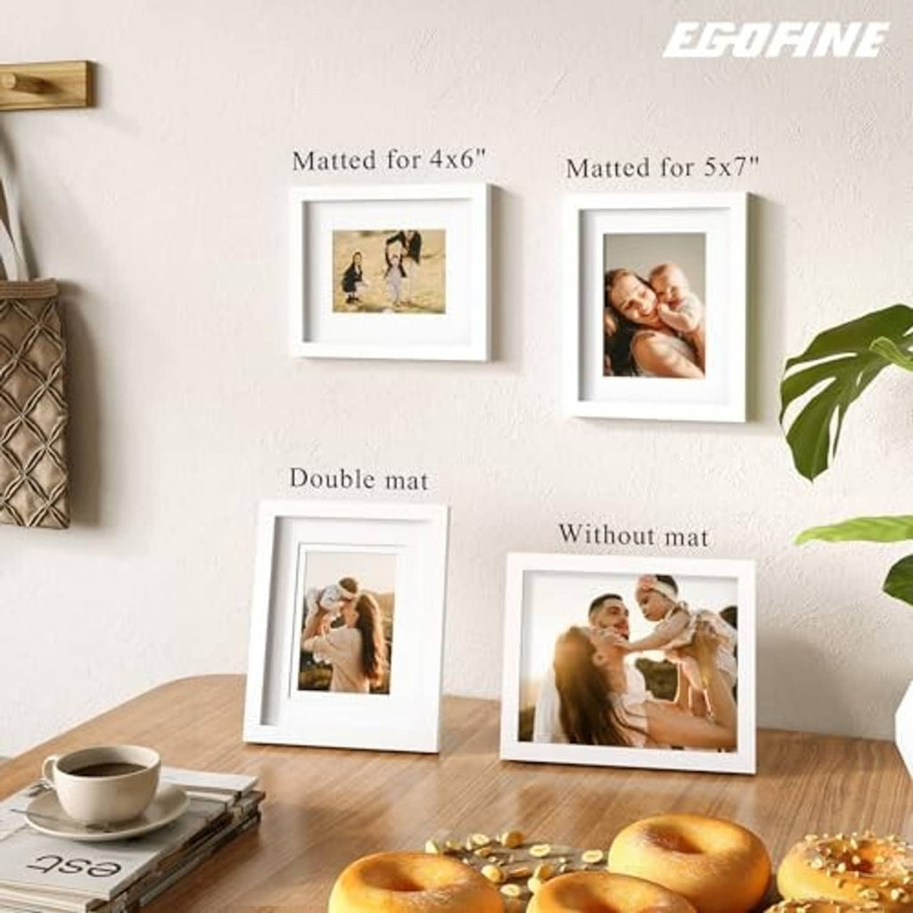 White picture frames showing mat options: double mat, and without mat displays