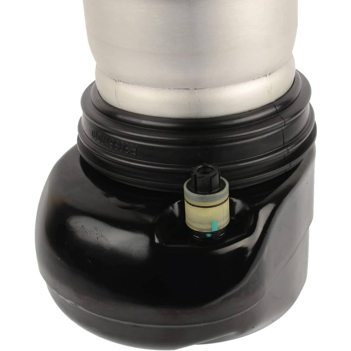 Air suspension shock strut with white upper mount and black spring bell housing