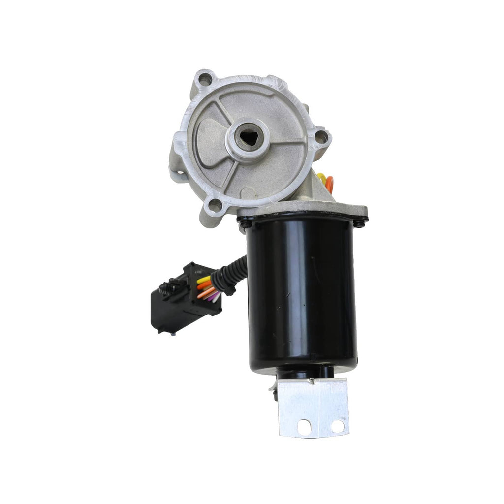 Transfer case shift motor with silver cover, black cylinder, and front electrical connector