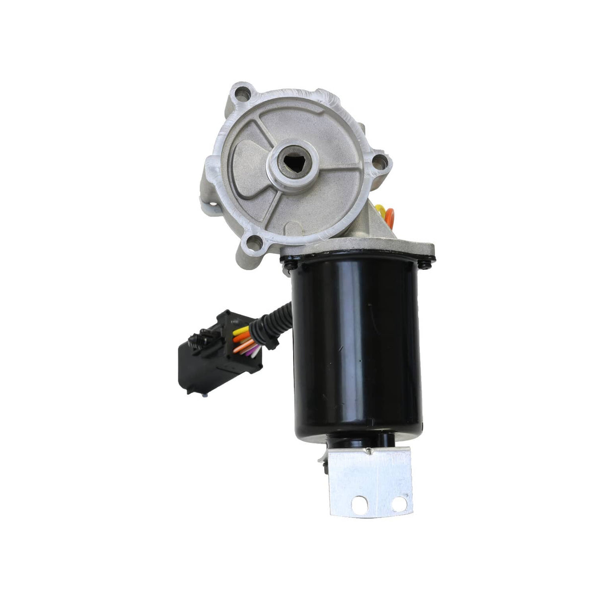 Transfer case shift motor with silver cover, black cylinder, and front electrical connector