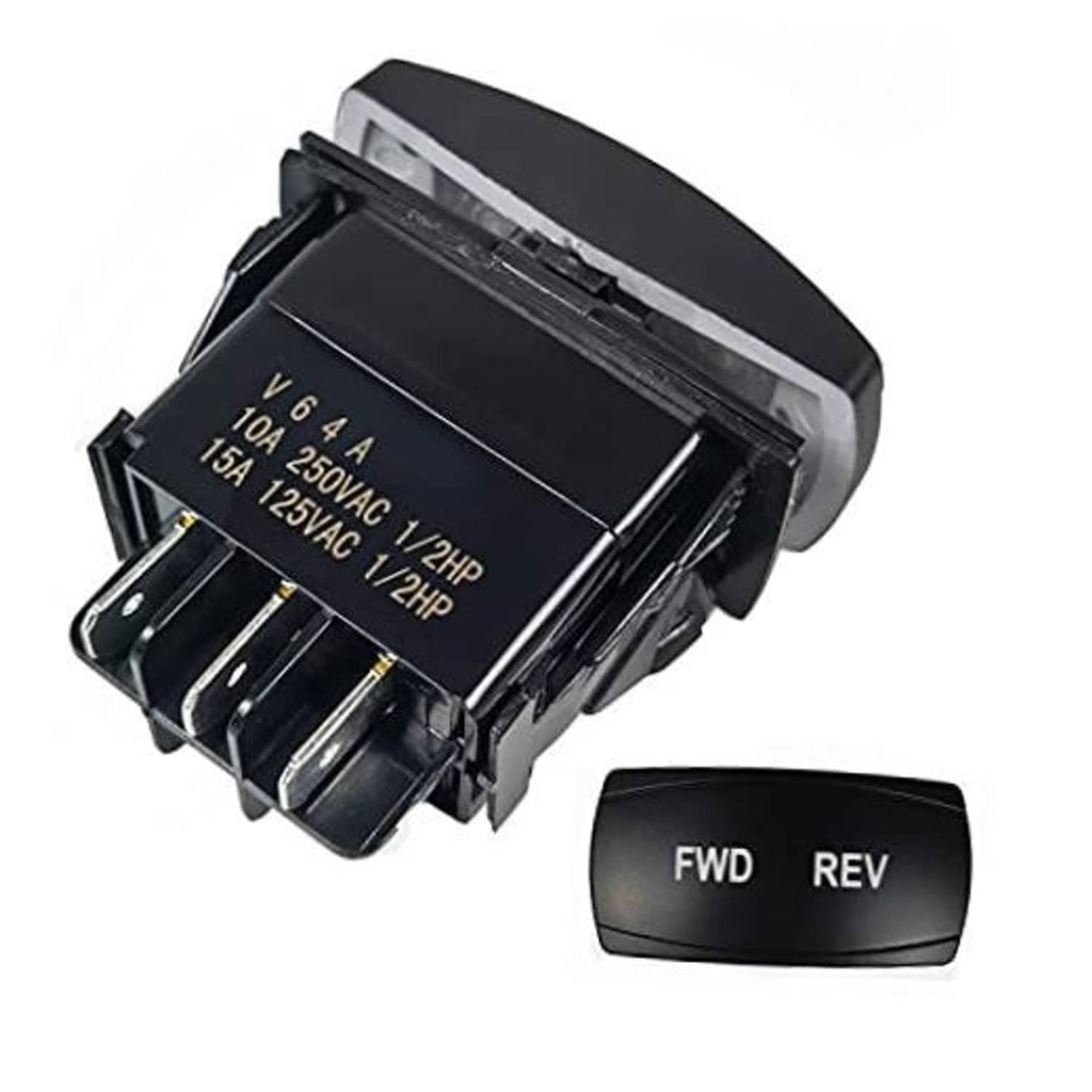 Forward/reverse switch assembly with FWD and REV labels and electrical terminal blocks