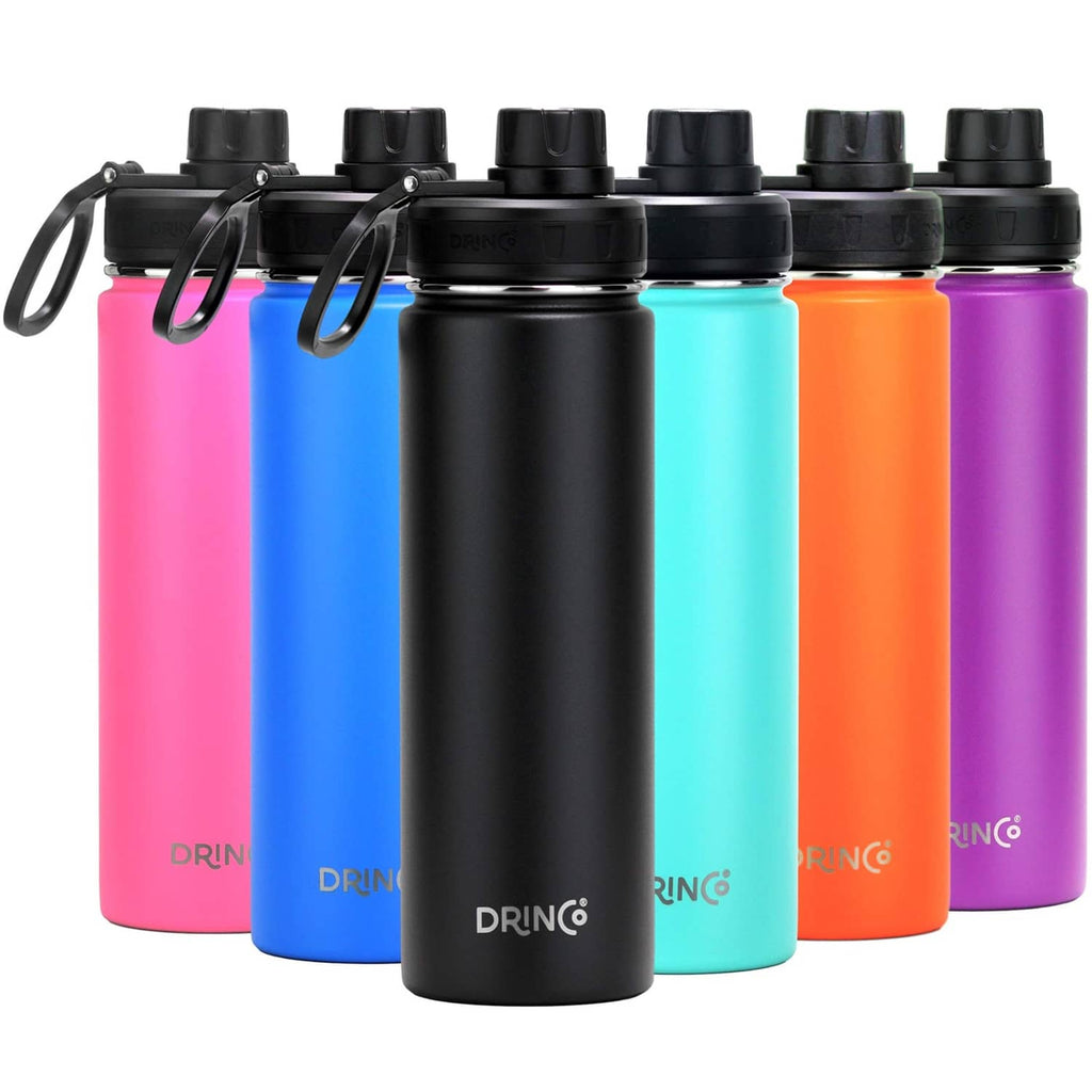 Assorted water bottles with black spout lids in pink, blue, black, cyan, orange, purple