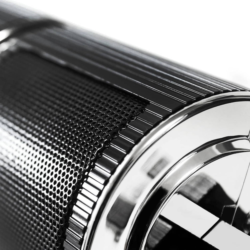 Close-up of black speaker grille and chrome ring on a cylindrical waterproof housing