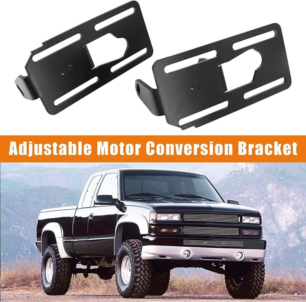 Adjustable motor conversion bracket pair, black steel mounting plates