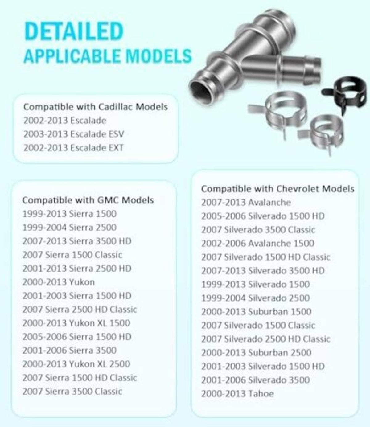 Aluminum coolant hose junction with two hose ports and bundled clamps, silver and black