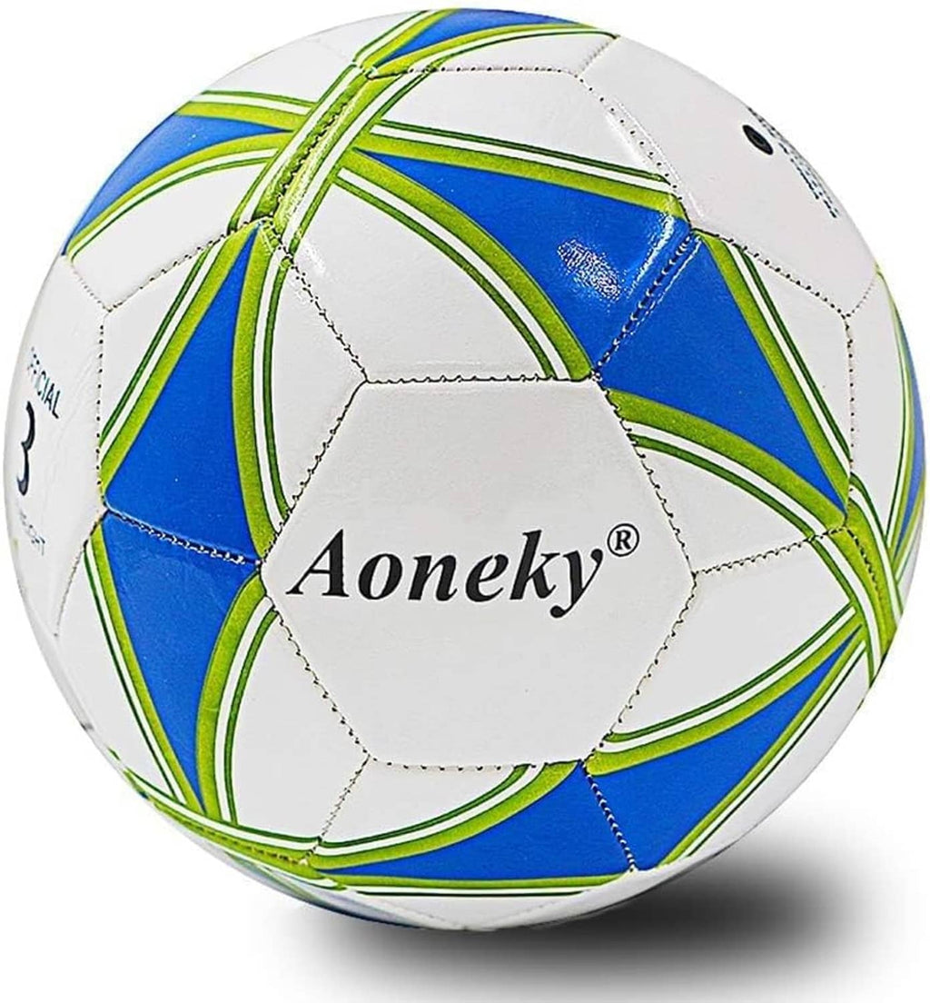 Soccer ball, white with blue and lime-green curved stripes and stitched panel seams