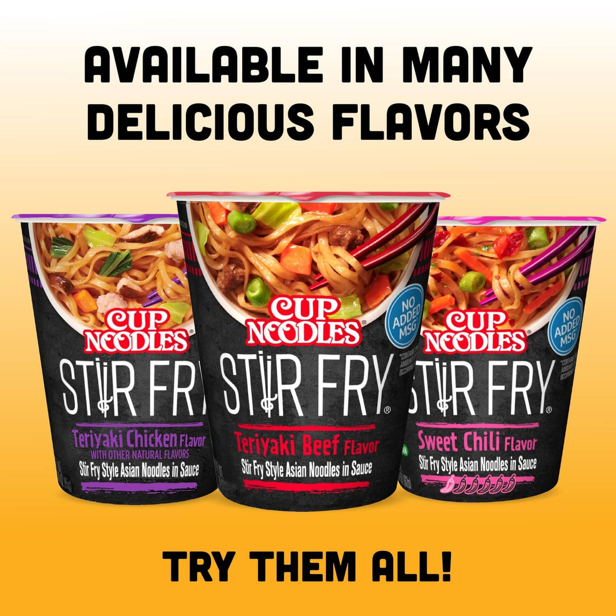 Assorted Cup Noodles Stir Fry flavor cups in a trio display