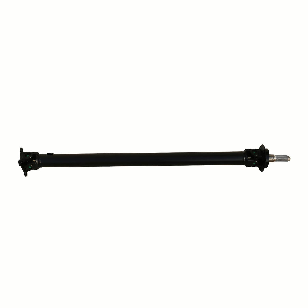 Front drive shaft with universal-style joints, black center shaft housing and metal ends