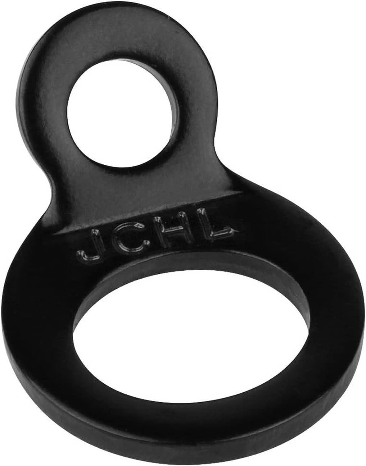 Black tie-down strap ring anchor, close-up of embossed lettering and two loops