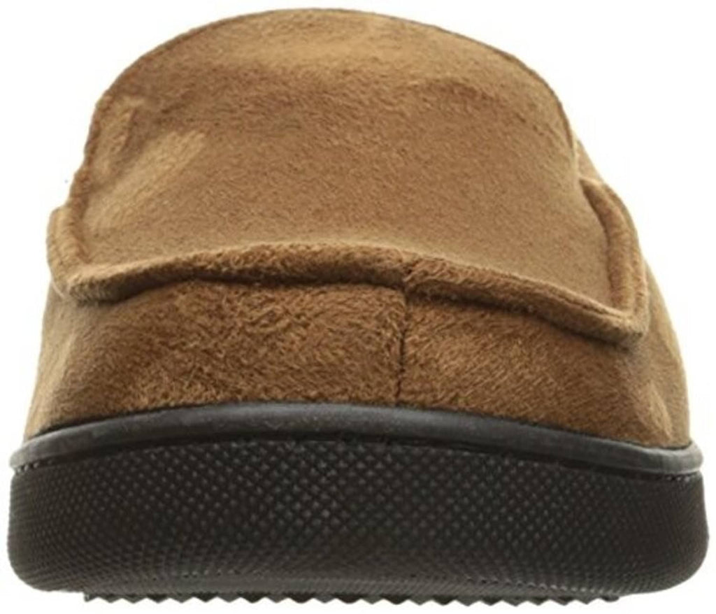 Cognac microsuede slipper heel with black textured sole and low-profile tread