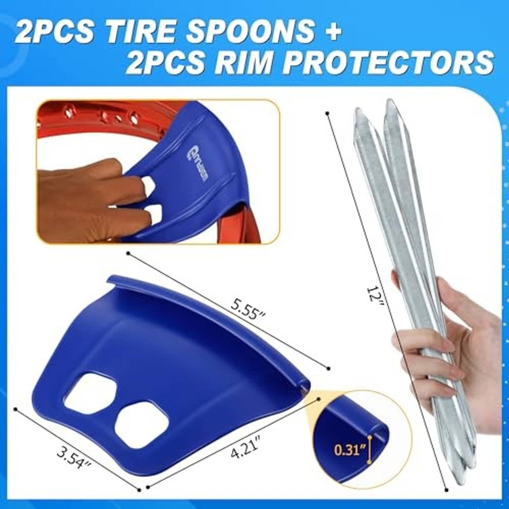 Set of 2 tire spoons and 2 rim protectors: blue covers with silver metal tools