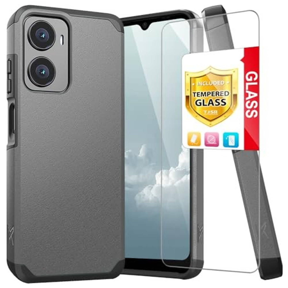 Gray phone case with camera cover and included tempered glass protector
