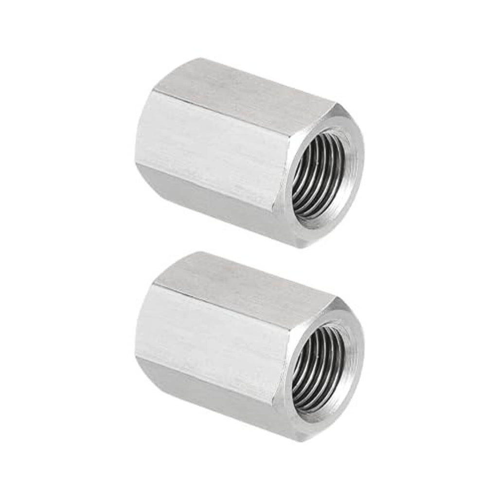 Stainless steel hex coupling nuts (2 pcs), silver, angled close-up of threaded openings