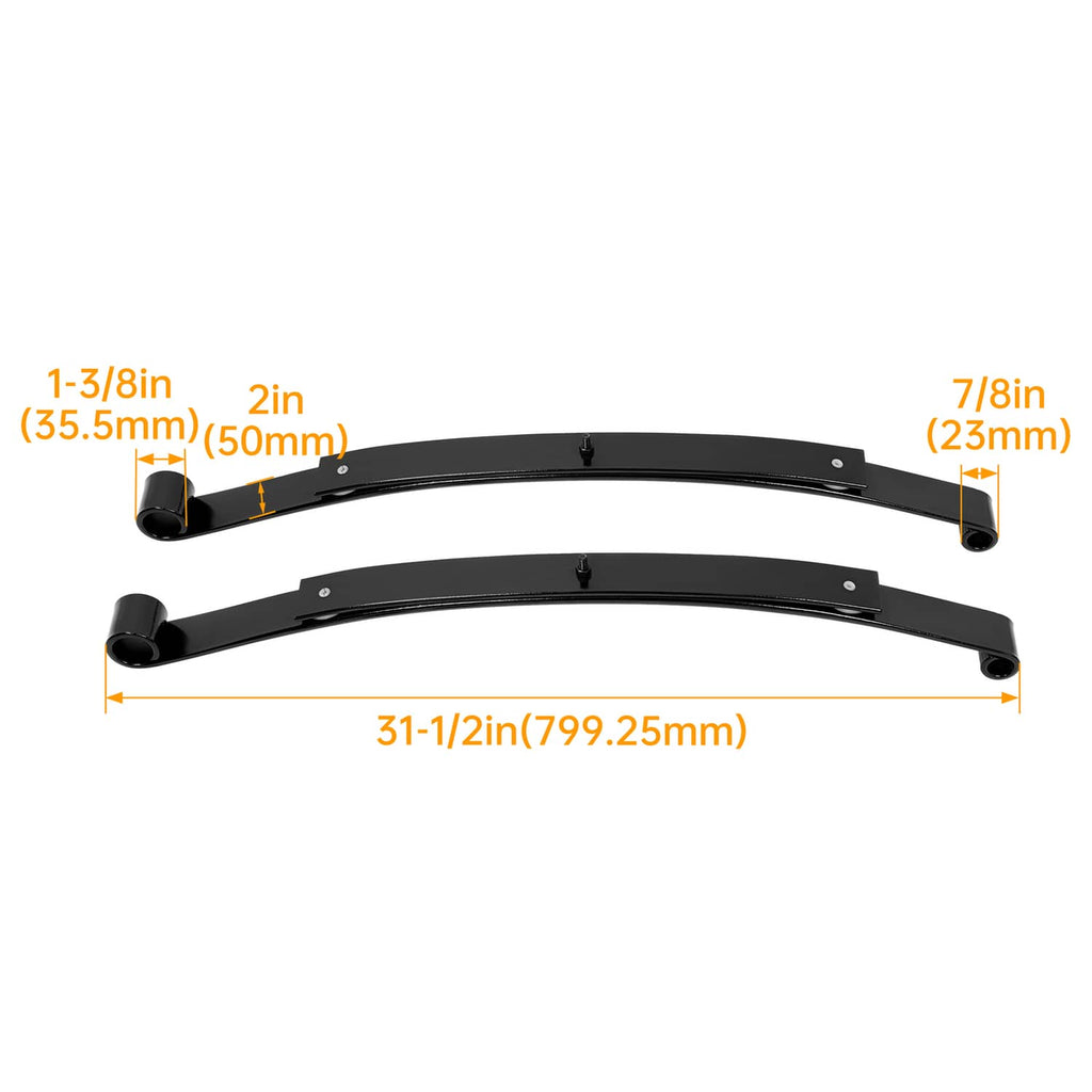Two black rear leaf springs shown with mounting end bushings
