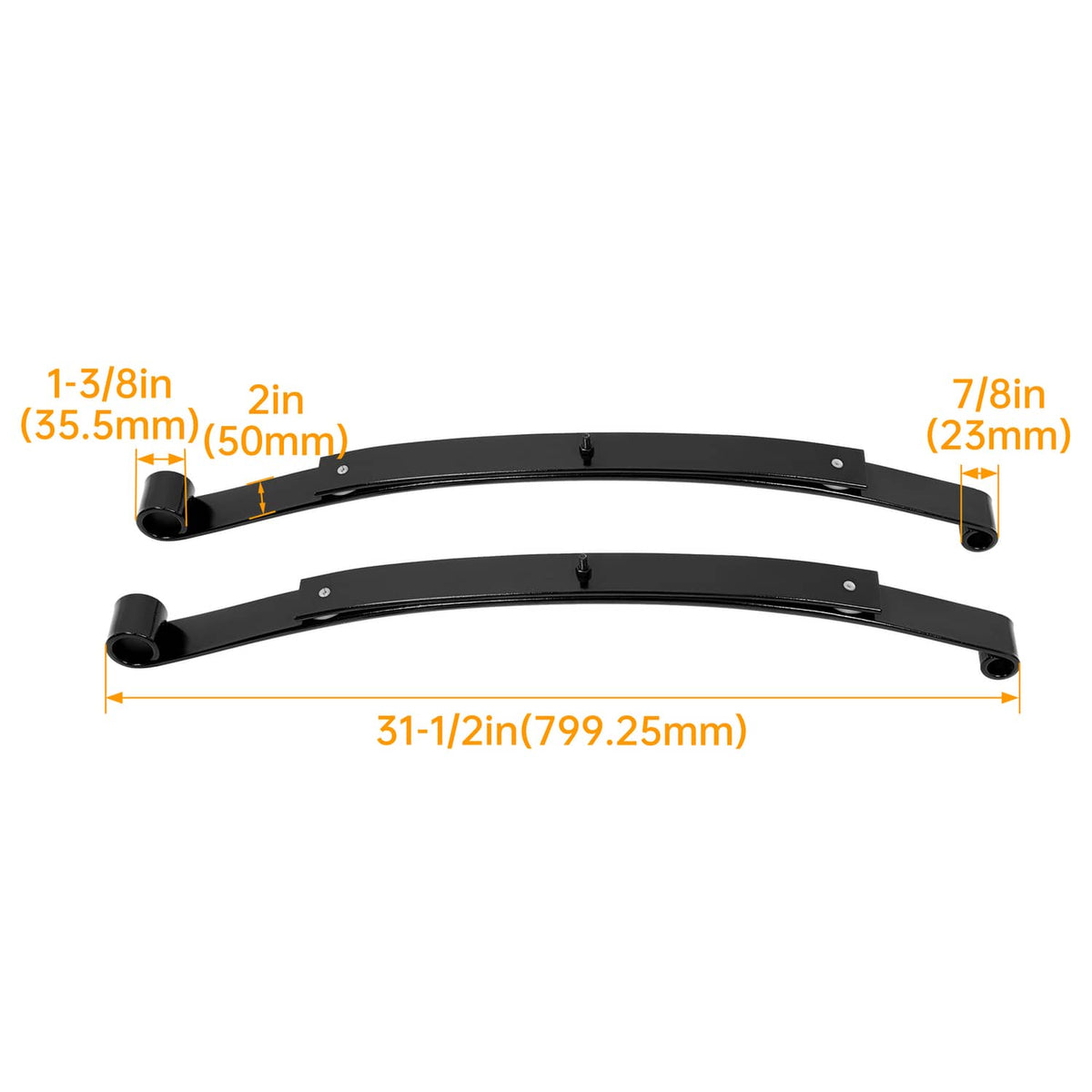 Two black rear leaf springs shown with mounting end bushings