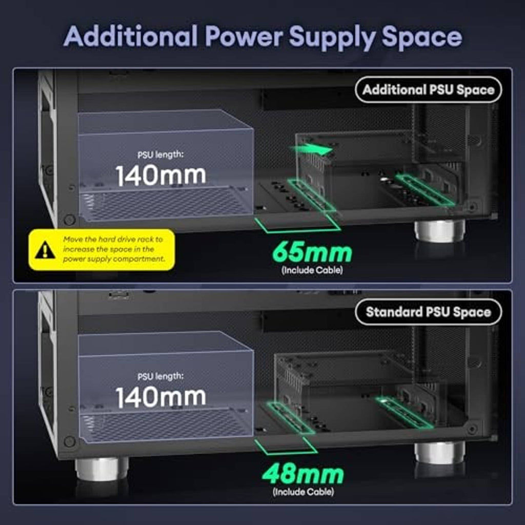 Black micro ATX PC case interior showing extra PSU space and cable routing clearance