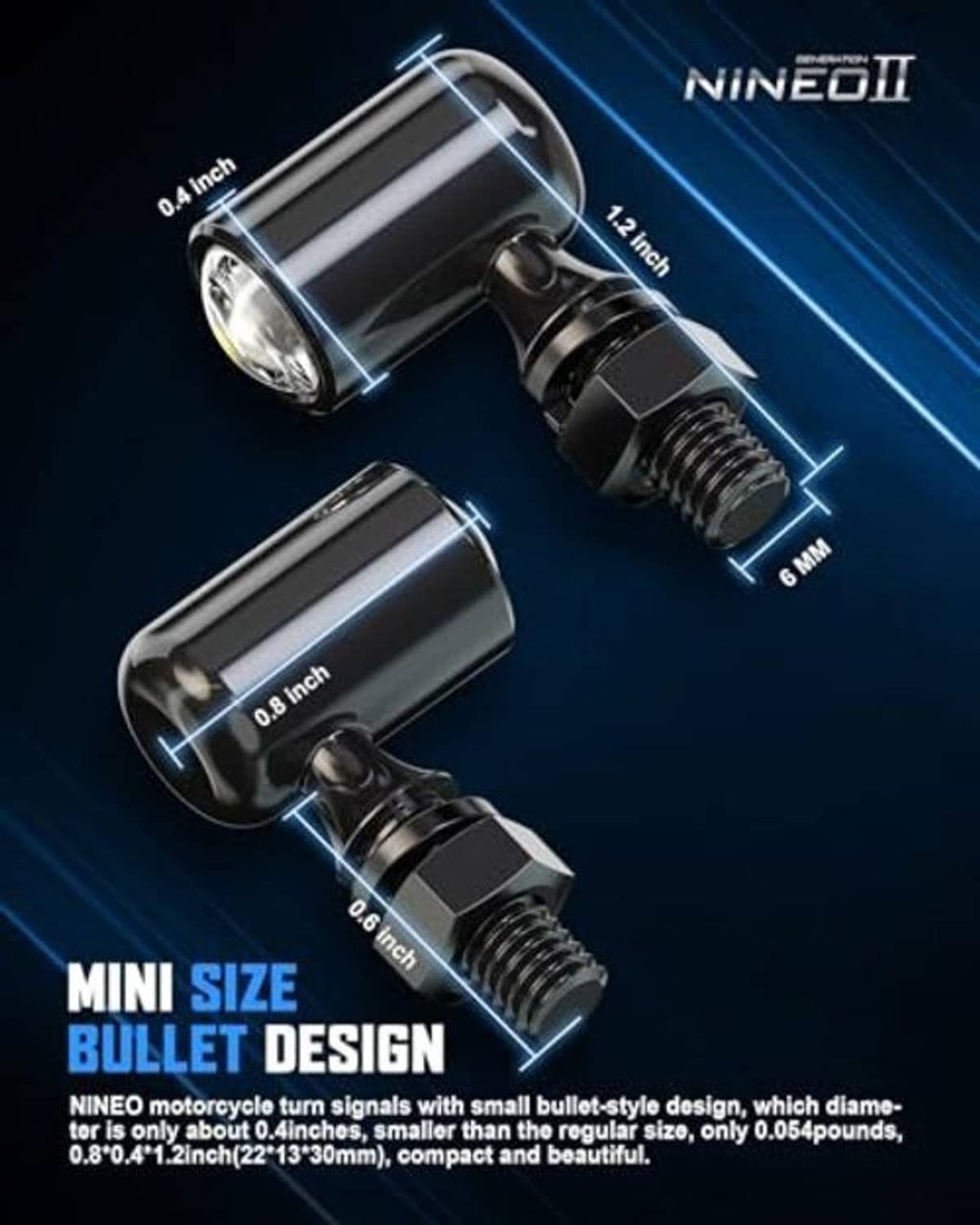 Two mini bullet turn signal lights with clear lenses and black threaded bases