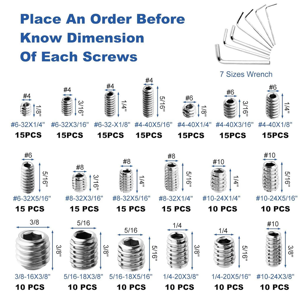 Hex socket set screw size chart with multiple screw lengths displayed