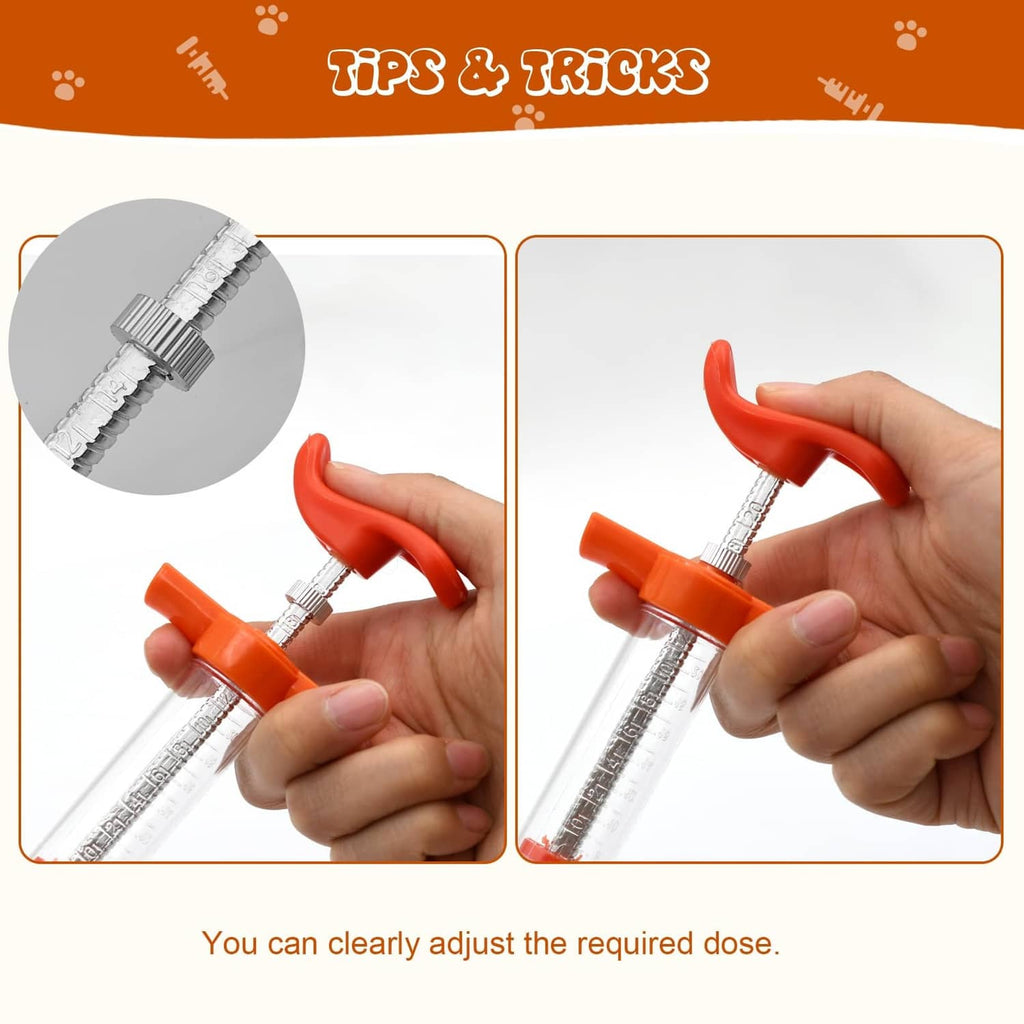 Hand adjusting an orange drench syringe gun with clear barrel and dosage scale