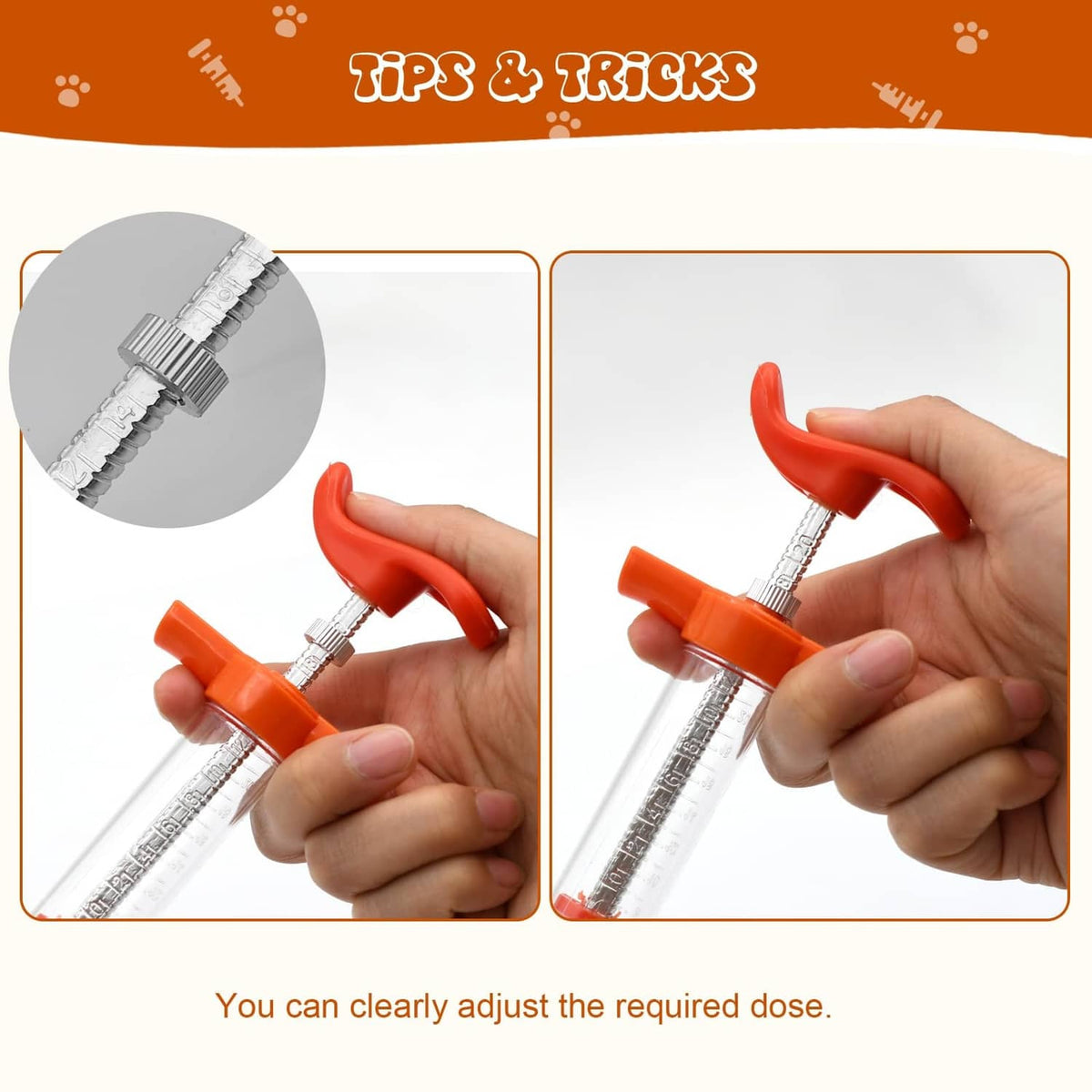 Hand adjusting an orange drench syringe gun with clear barrel and dosage scale