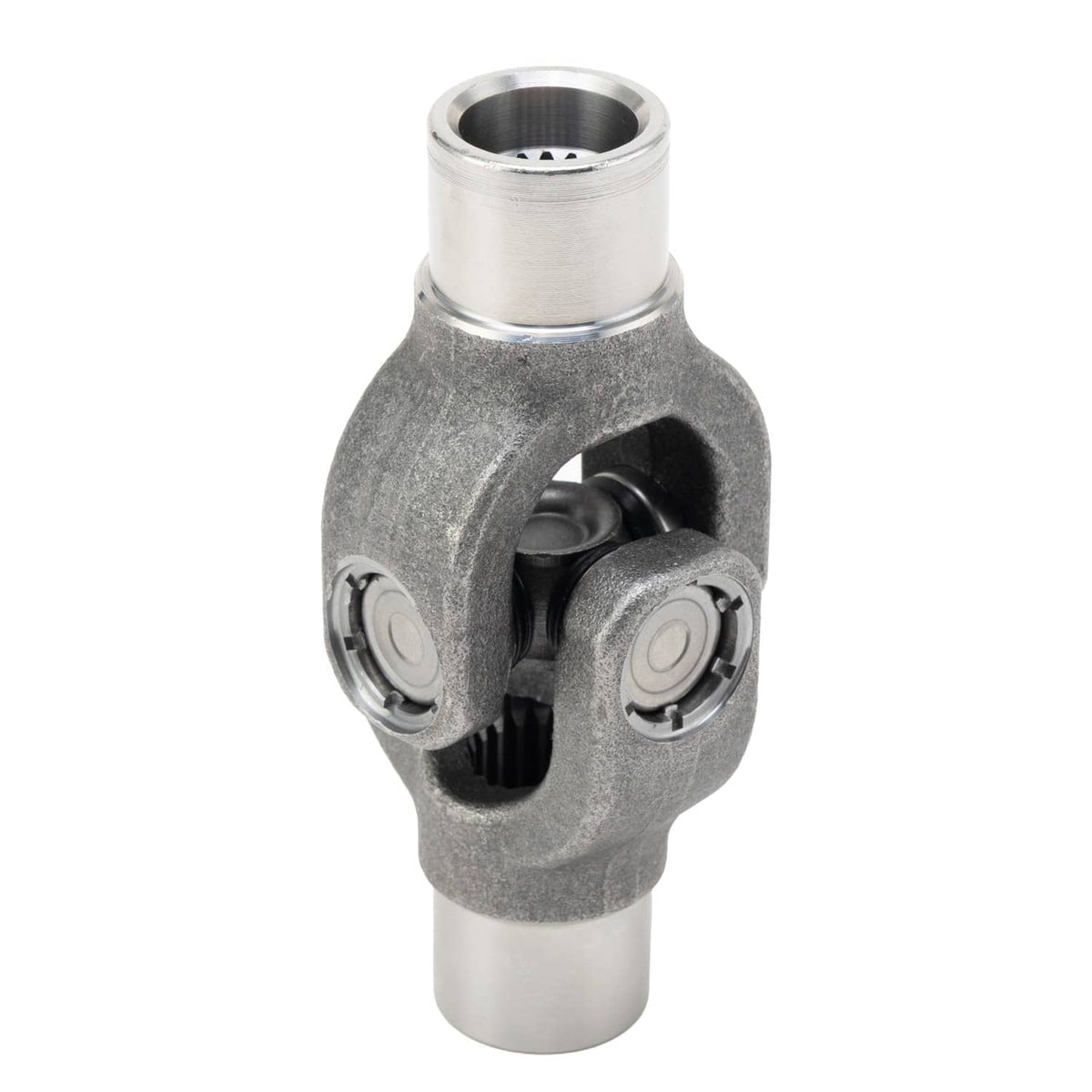 Back view of drive shaft U-joint yoke joint with two bearing caps