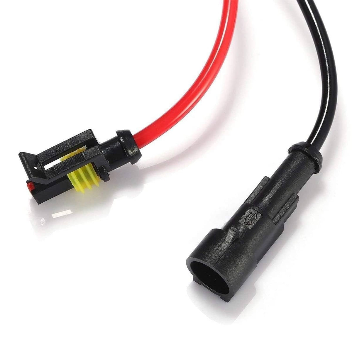 Black electrical connector with red and black wires and yellow circuit insert