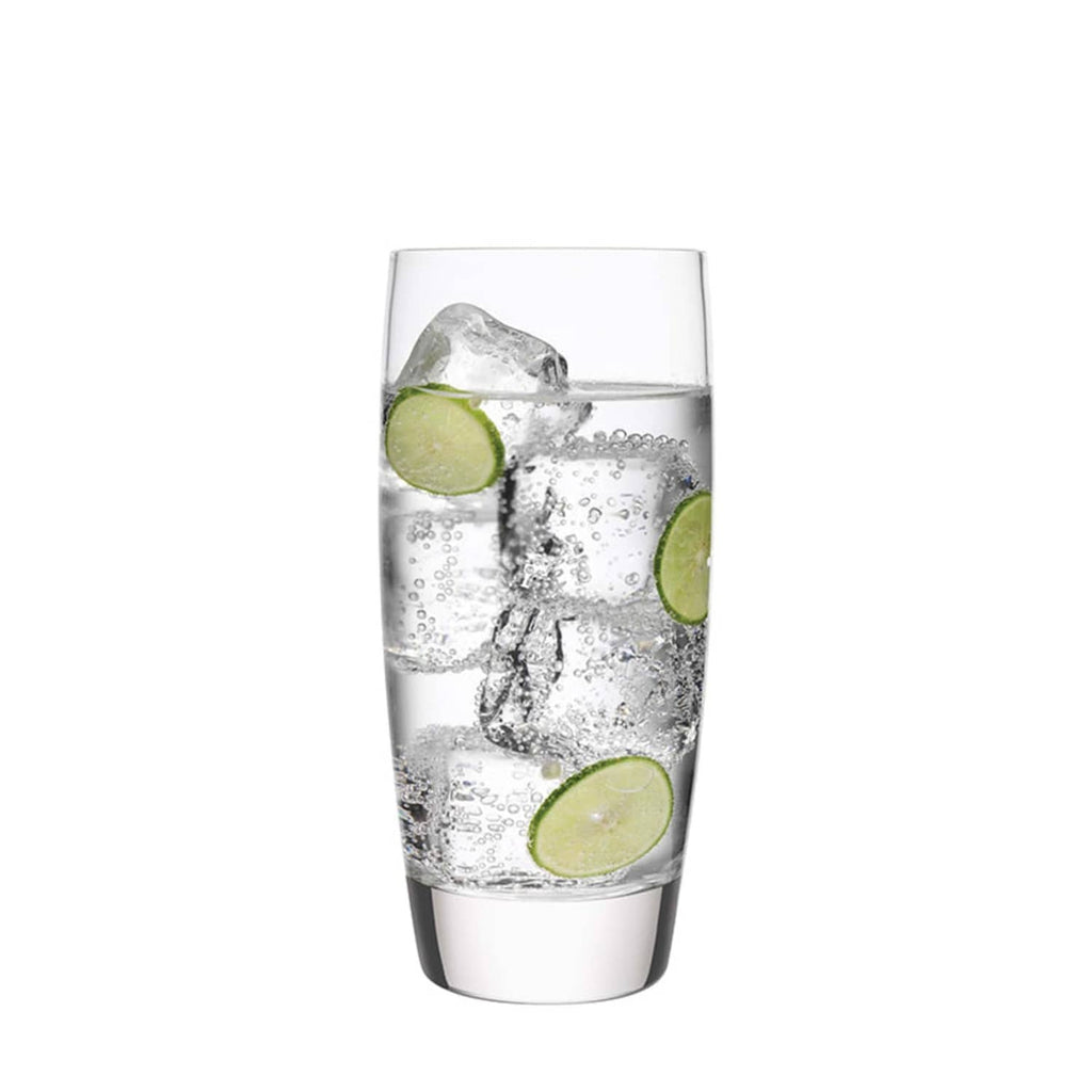 Clear 20 oz beverage glass with lime slices and ice, Luigi Bormioli Michelangelo
