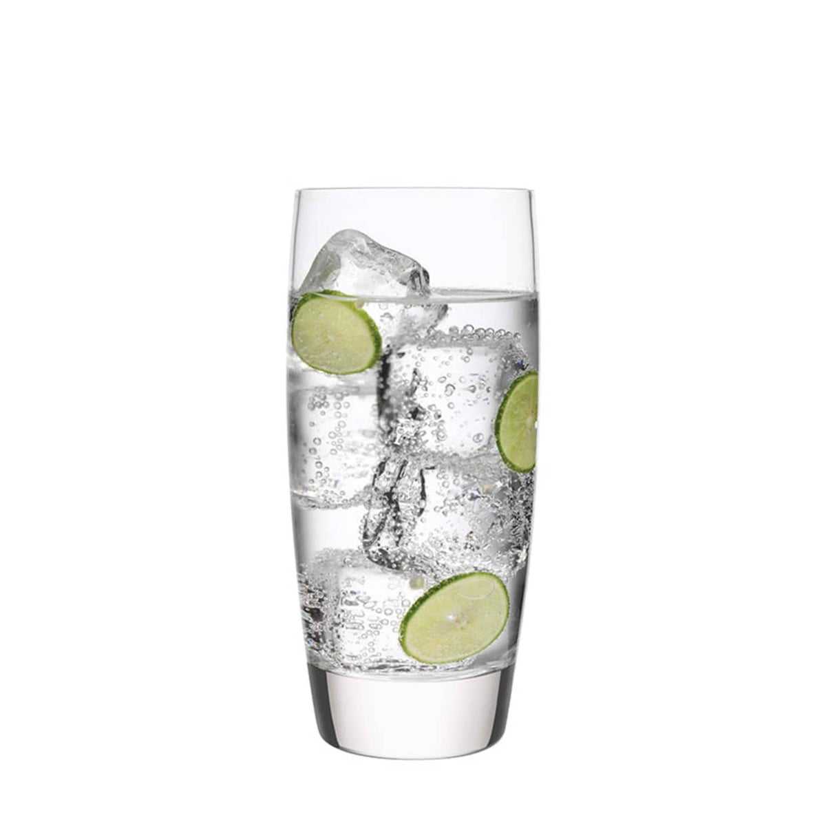 Clear 20 oz beverage glass with lime slices and ice, Luigi Bormioli Michelangelo