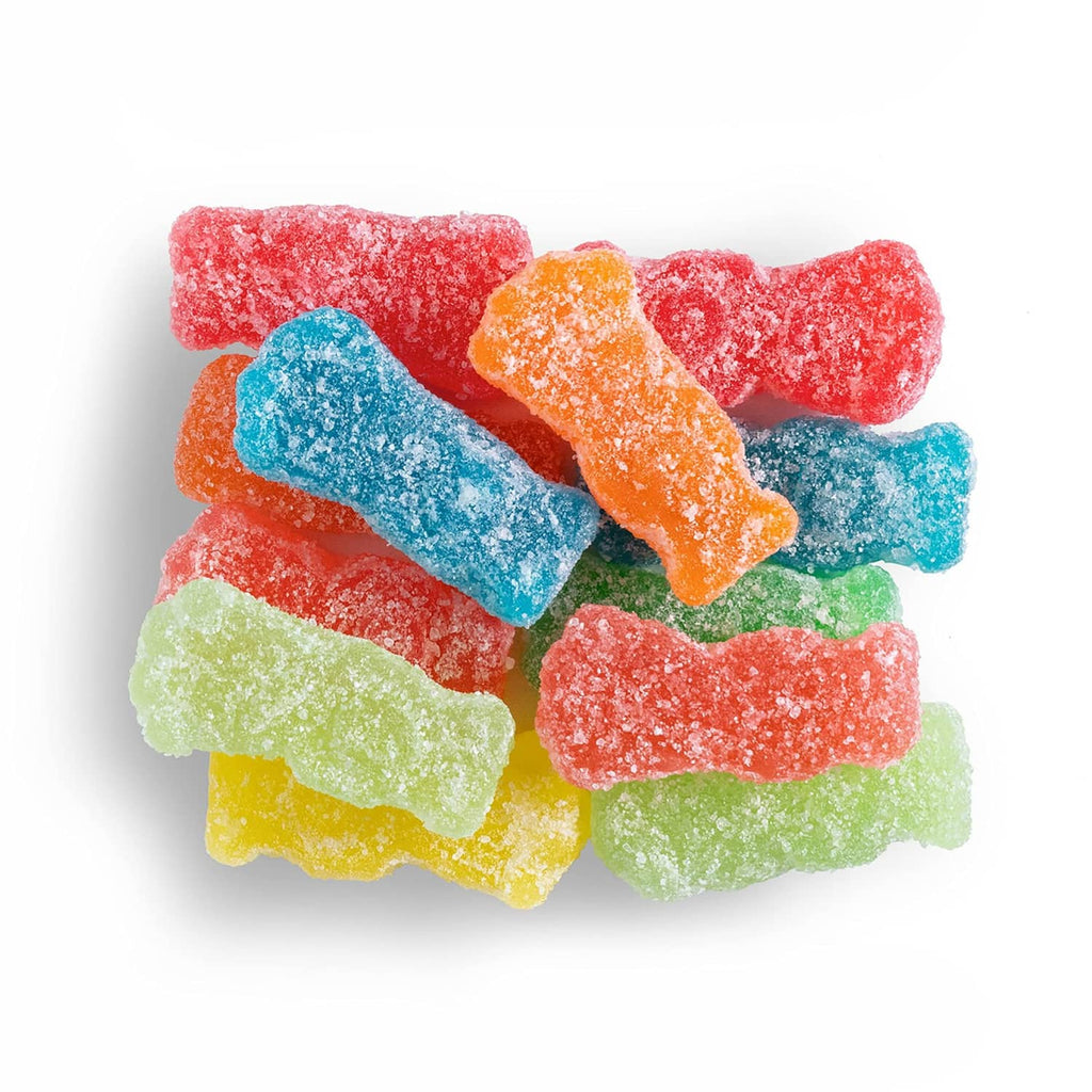 Assorted soft and chewy candy pieces in red, blue, orange, green, and yellow