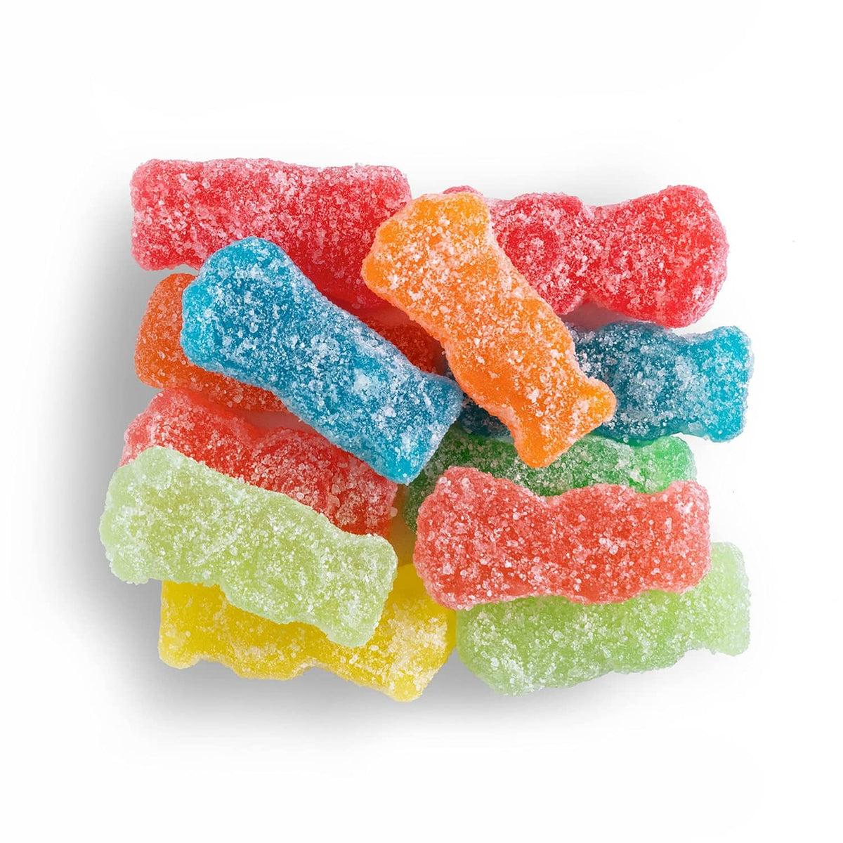 Assorted soft and chewy candy pieces in red, blue, orange, green, and yellow