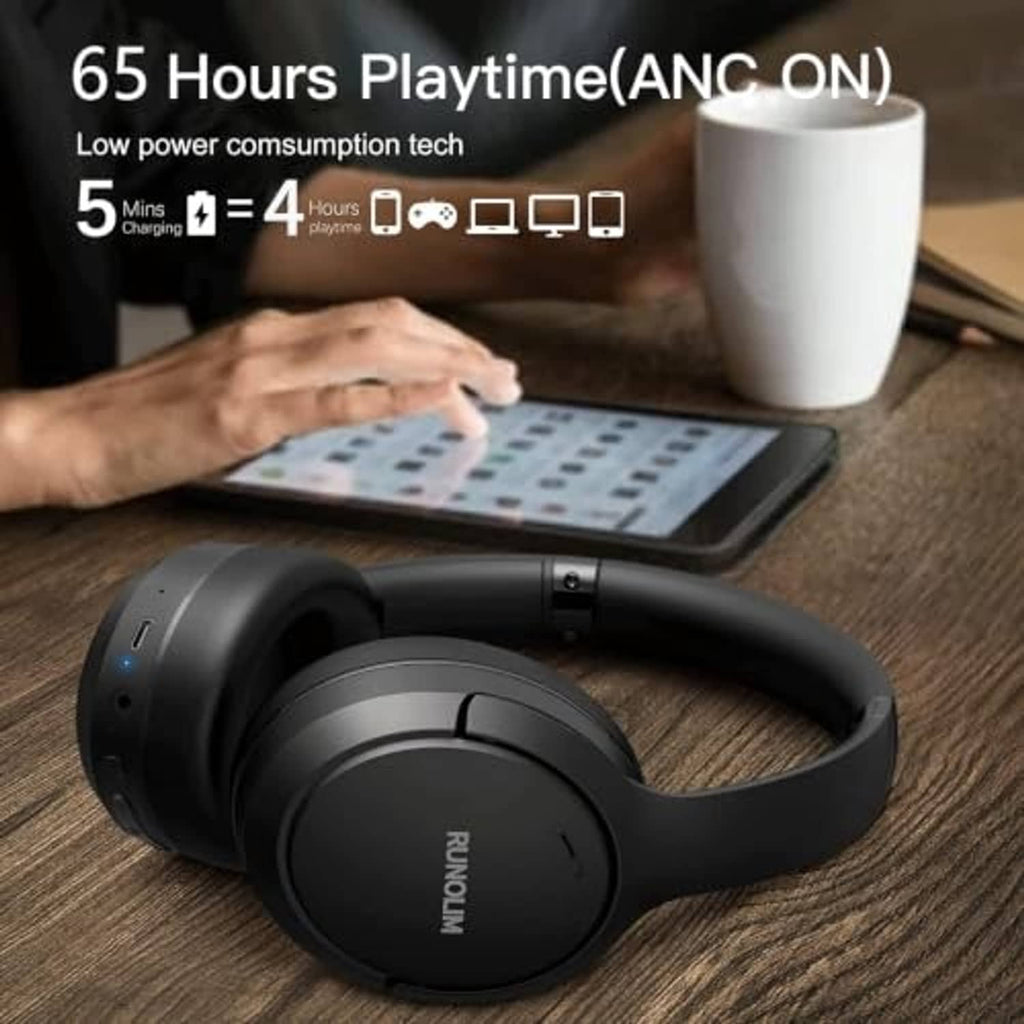 Black over-ear headphones lying flat on table with RUNOLIM earcups