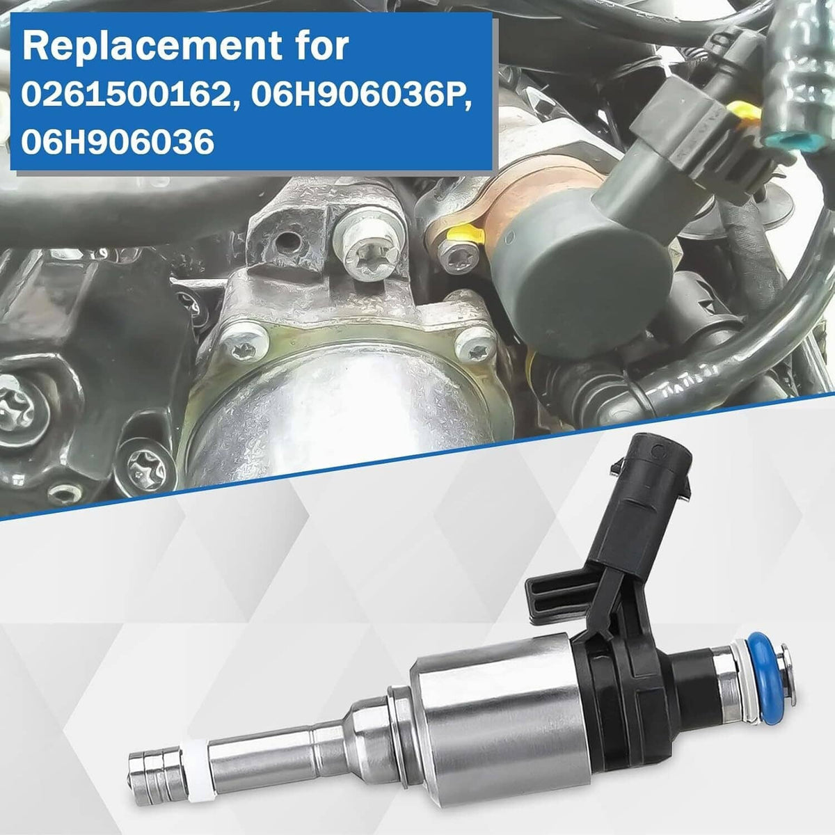 Fuel injector with silver body, black connector, and blue-ring seal