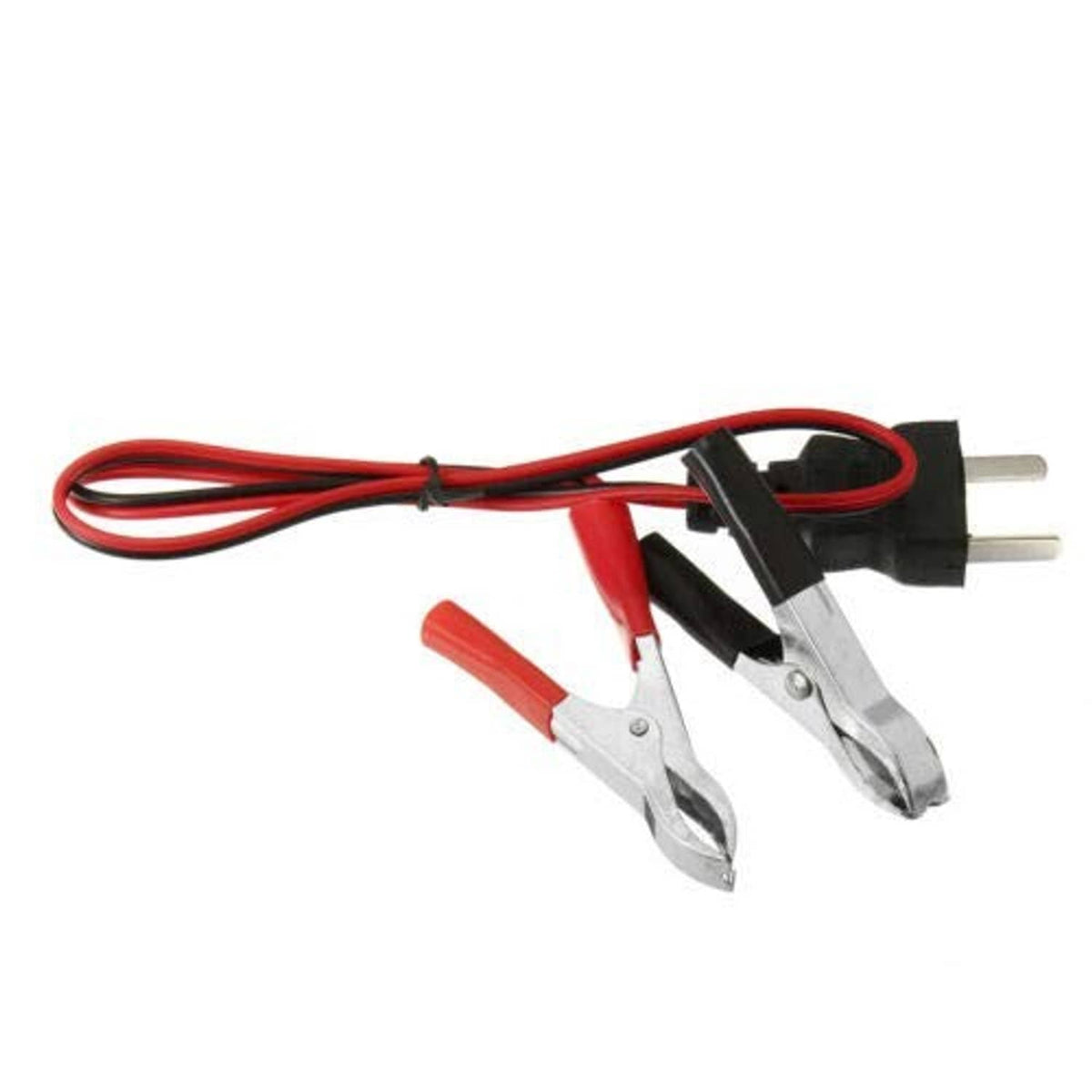 12V charging cord cable with red wire and two alligator clips with insulated jaws