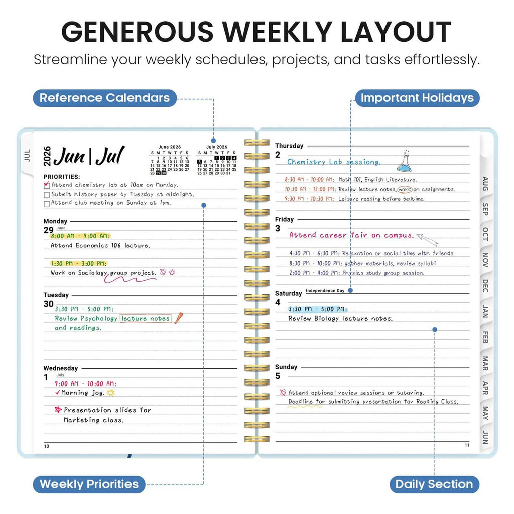 Weekly planner layout page with daily sections, priorities, and important holidays