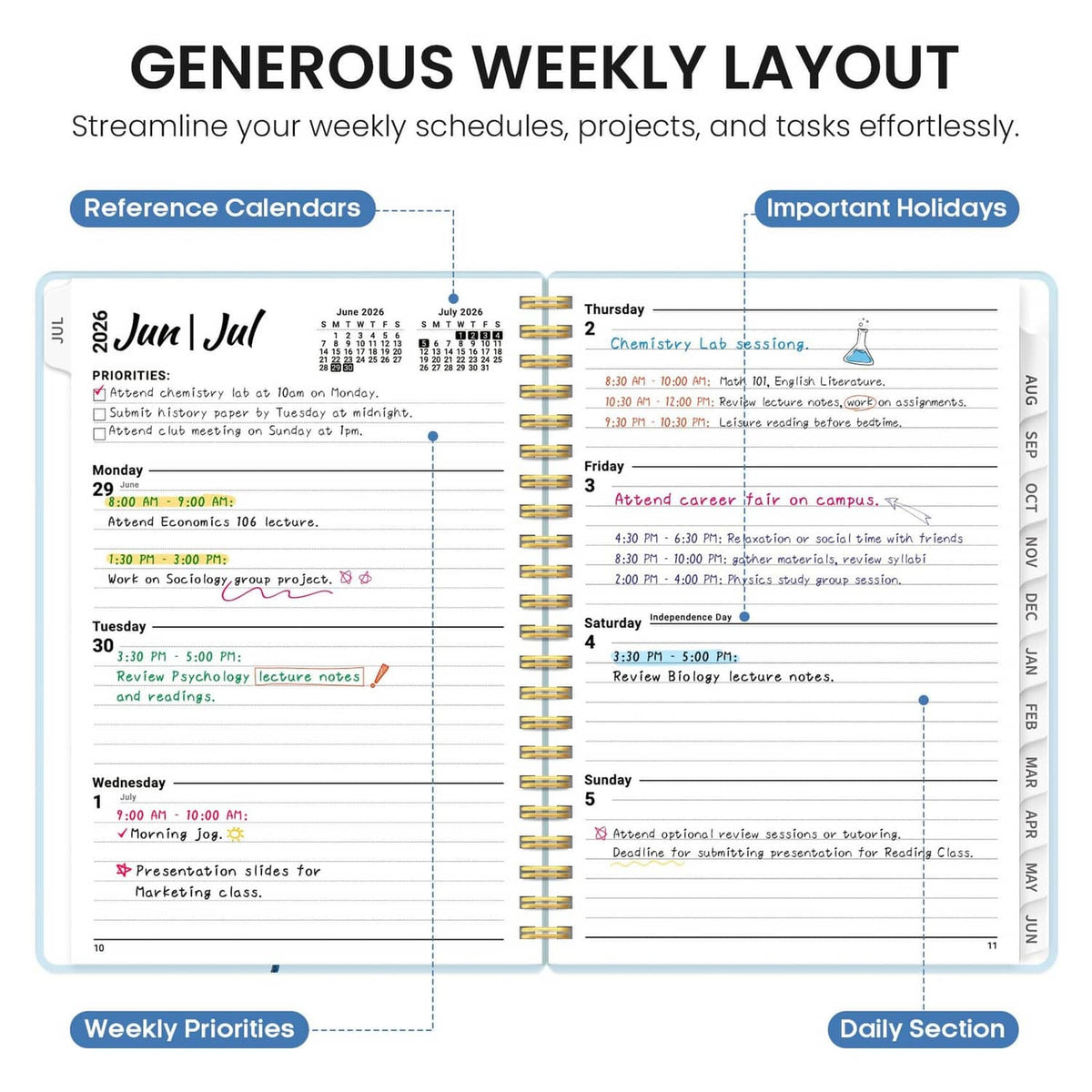 Weekly planner layout page with daily sections, priorities, and important holidays