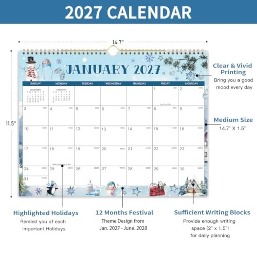 Blue January 2027 wall calendar preview with spiral binding and hanging loop