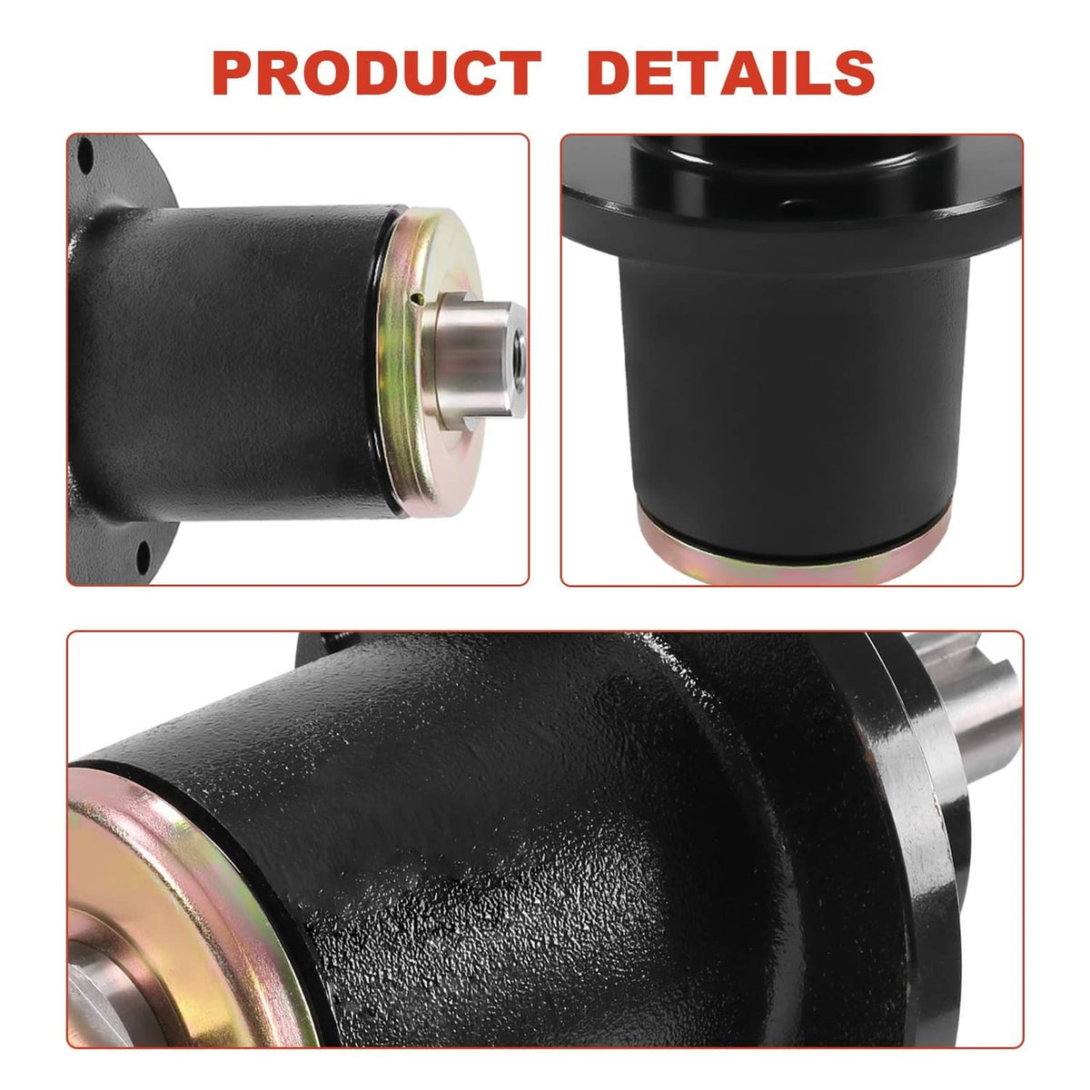 Black spindle assembly detail with steel shaft and flanged mounting base