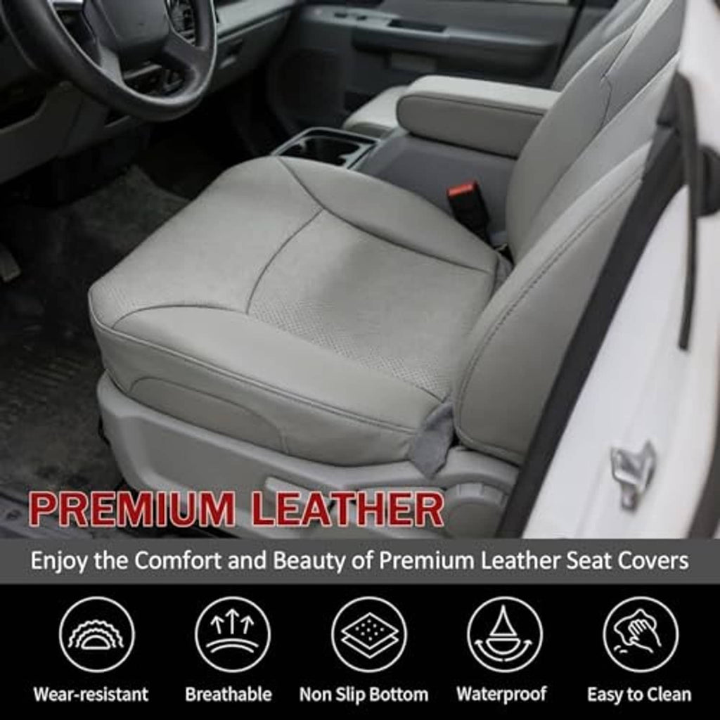 Gray seat cover installed on a car driver seat with stitched edges and headrest opening.