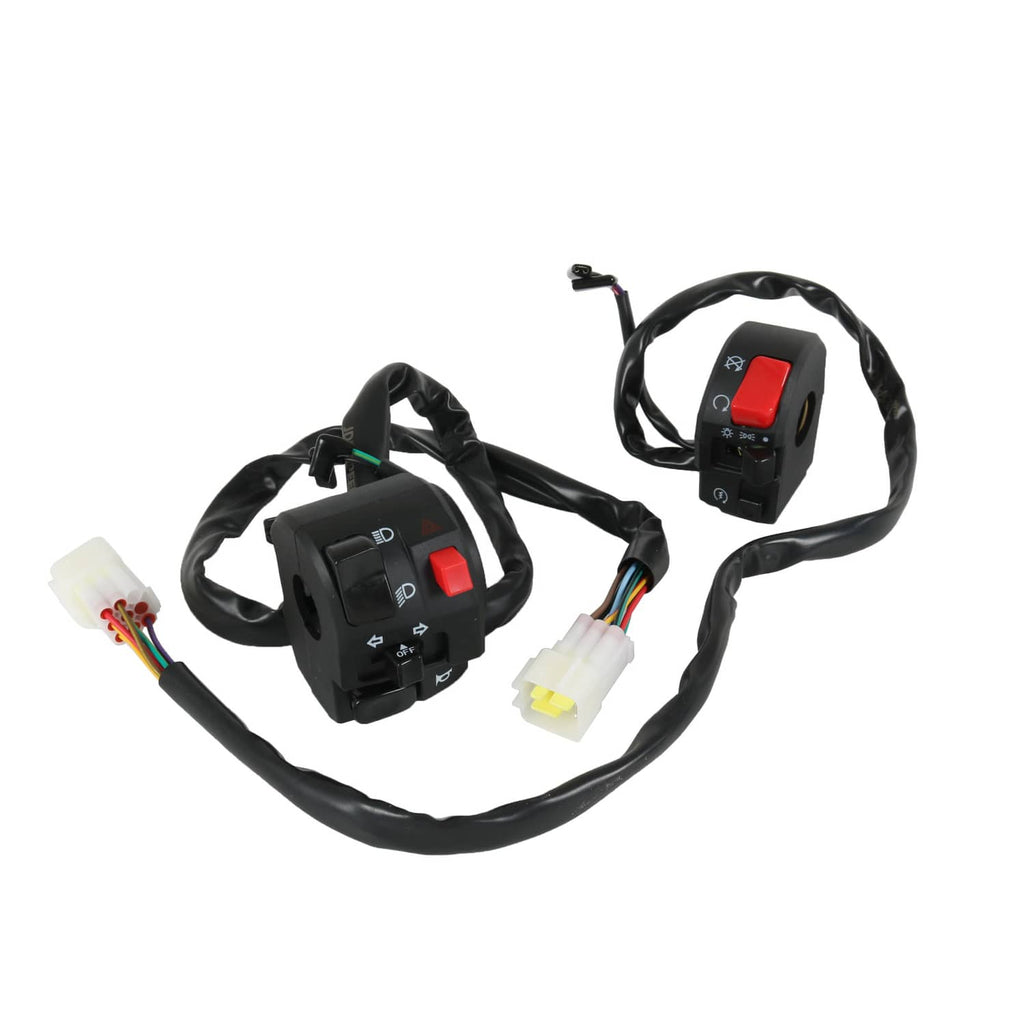 Motorcycle handlebar switch set with red rocker buttons and bundled wiring
