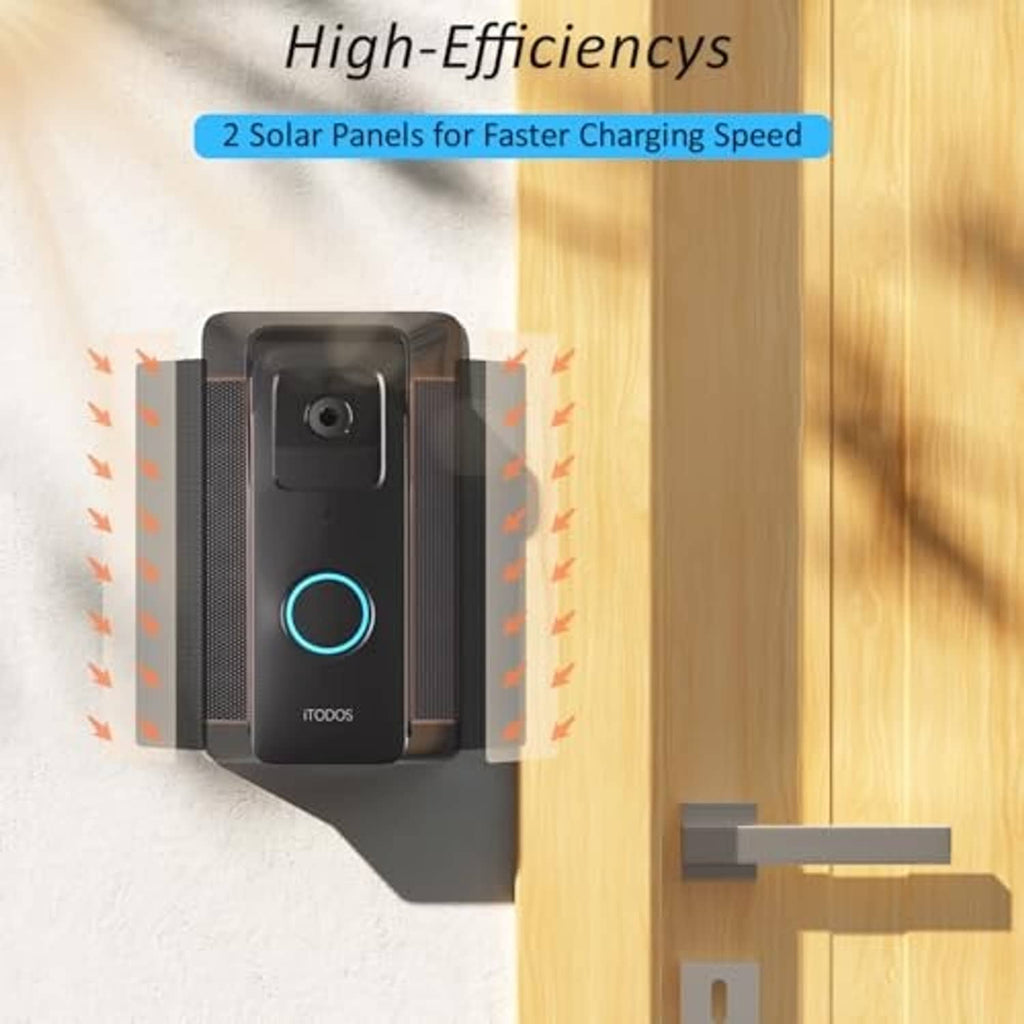 Black solar doorbell charger with blue-ring LED and two solar panels